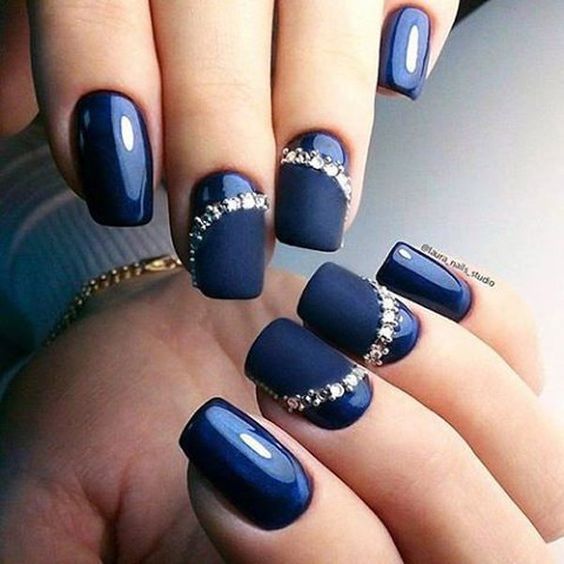 Photo of Glossy and Matte blue nails with gems for New Years nail art designs 2020