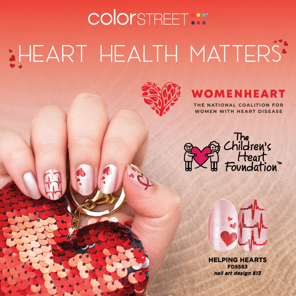 Photo flyer advertising the heart disease awareness Helping Hearts nail polish design and foundations being donated to