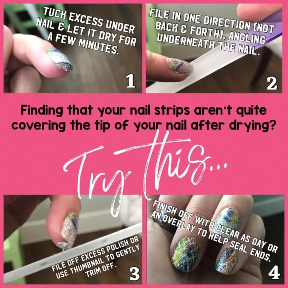 Why is there wear at the end of my tips? Tuck excess Color Street strip underneath your nail and let dry. Then file excess away. 