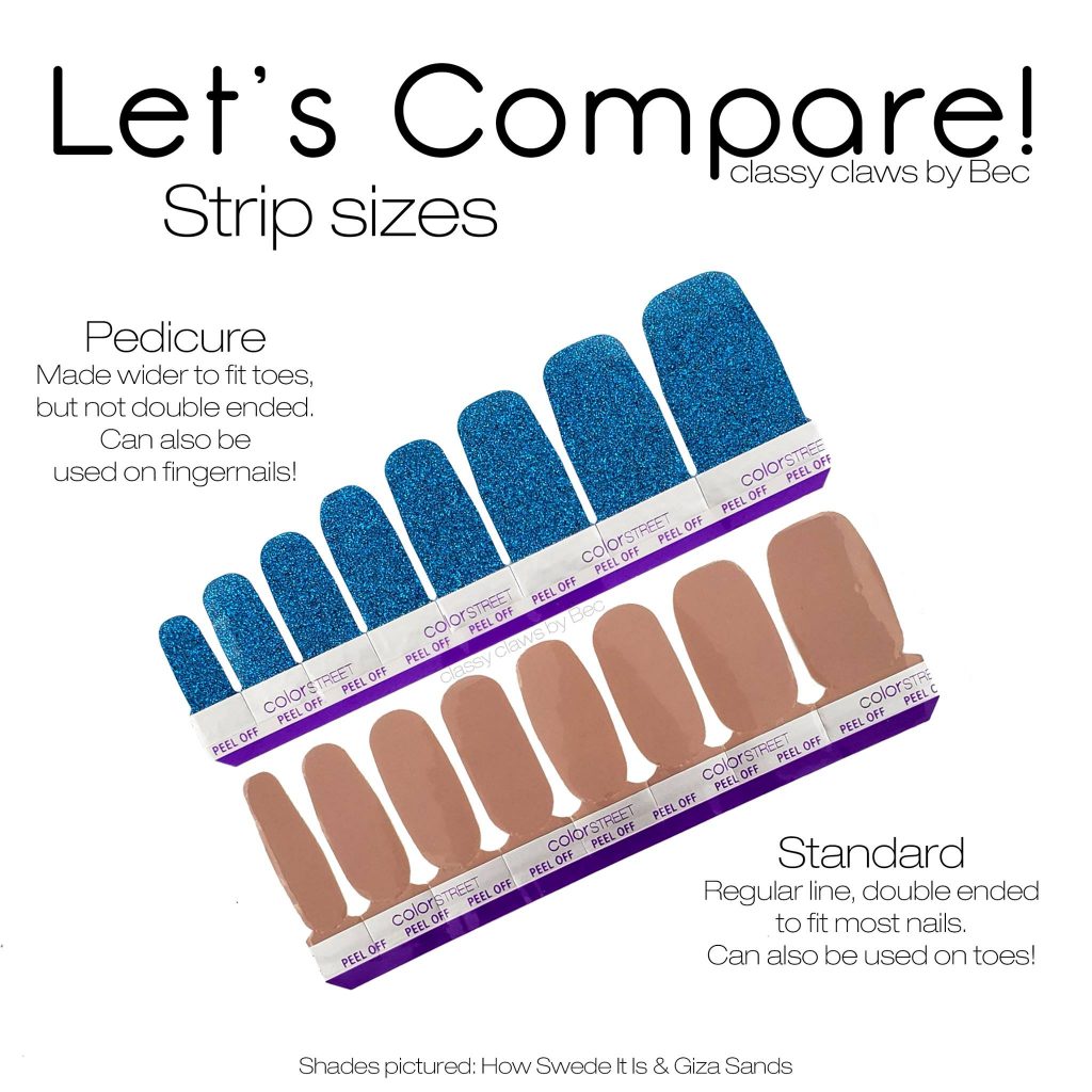 Color Street pedicure tips showing size difference between pedicure strips and manicure strips