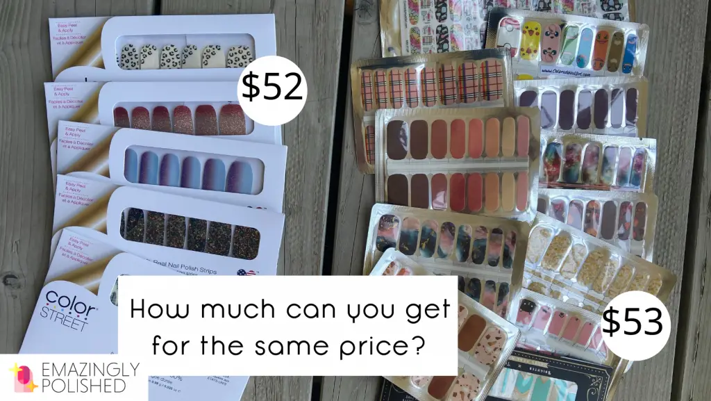 Image showing that you can get 3 times the amount of nail polish strips for the same price as Color Street. One of the main reasons why I quit using Color Street.