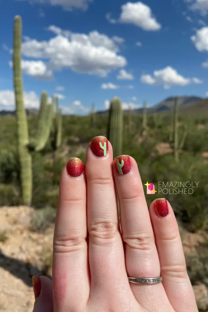 Color Street cactus nails with Saguaro national park in the background